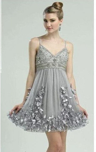 Sue Wong - N1379 V-neck Feathered Cocktail Dress  in Silver