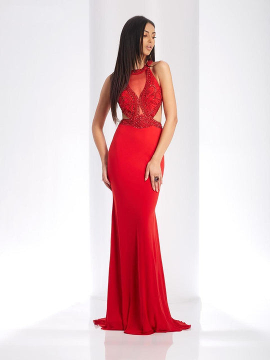 Clarisse - 3493 Beaded Halter Sheath Dress in Red