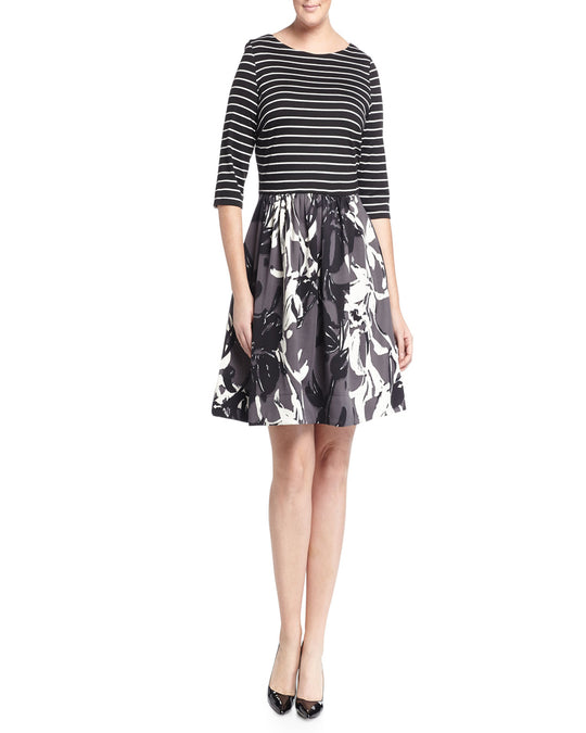 Taylor - 5730P Floral Scuba A-Line Dress in Black and White