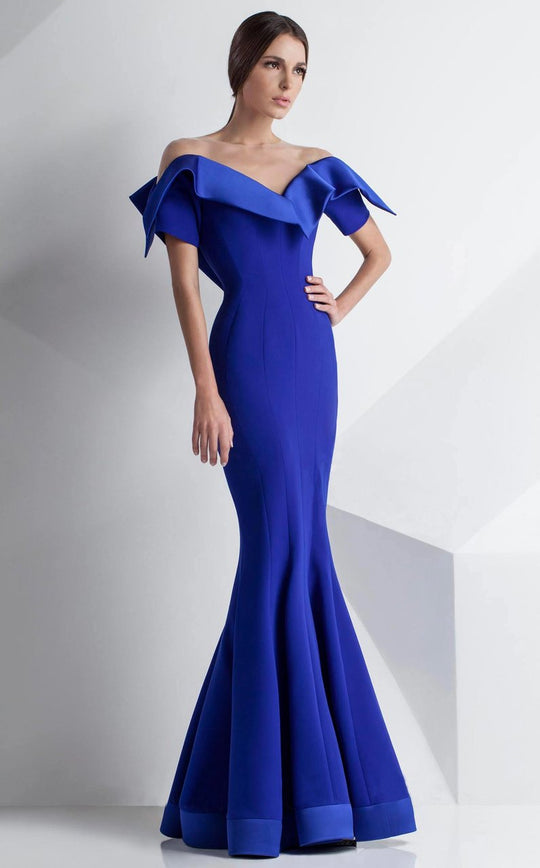 MNM Couture - Folded Off-Shoulder Mermaid Gown G0782 in Blue