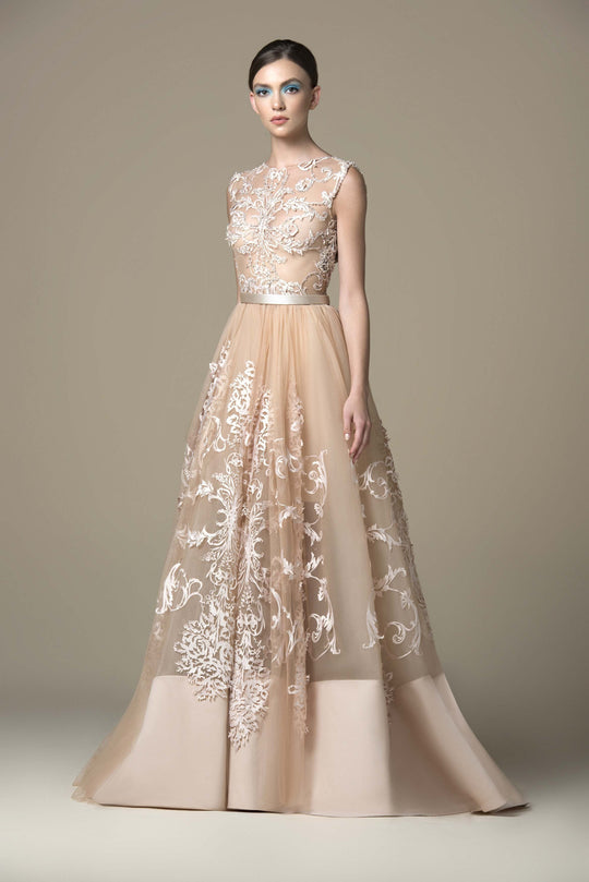 Saiid Kobeisy - RTWSS19-34 Applique Jewel Tulle A-line Gown In Neutral
