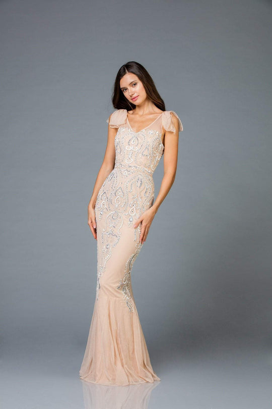 Scala - 48943 Sequined V-neck Long Fitted Dress In Nude and Silver