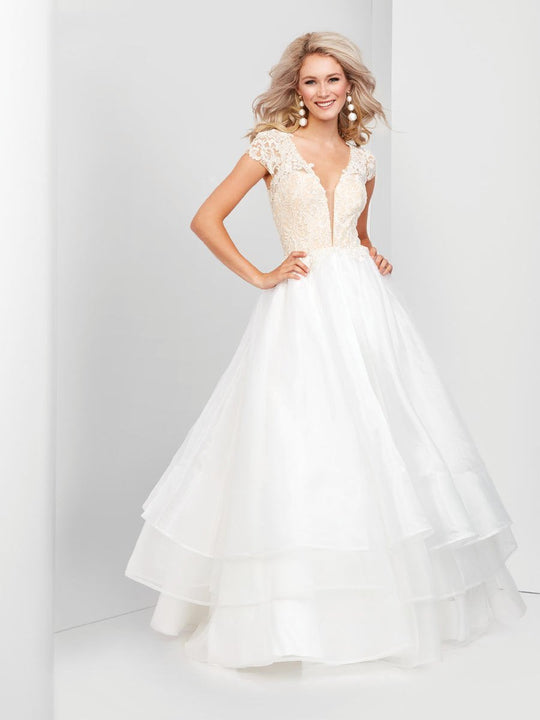 Clarisse - 3500 Cap Sleeved Lace and Organza Ballgown in White and Neutral