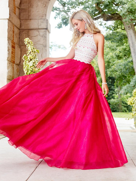 Clarisse - 3507 Halter Neck Lace Novelty Ballgown in White and Pink