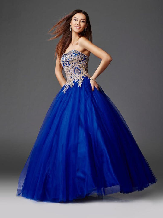Clarisse - 3508 Strapless Gilded Lace Ball Gown in Blue