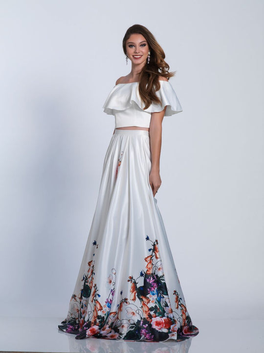 Dave & Johnny - 3516 Ruffled Two Piece Off-Shoulder Gown in Print