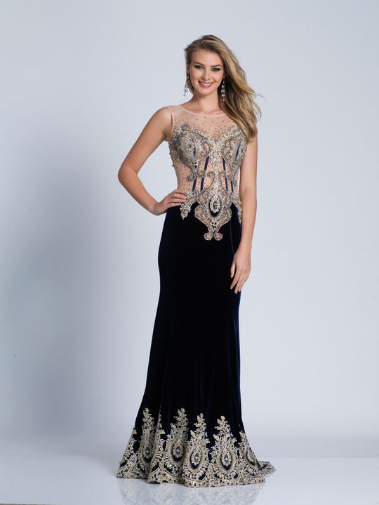 Dave & Johnny - 3517 Sheer Appliqued Fitted Gown in Blue