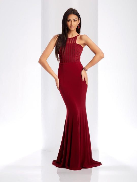 Clarisse - 3519 Pleated Halter Trumpet Dress in Red