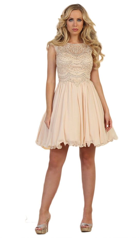 May Queen - MQ1567 Scallop Beaded Lace Applique Cocktail Dress In Nude