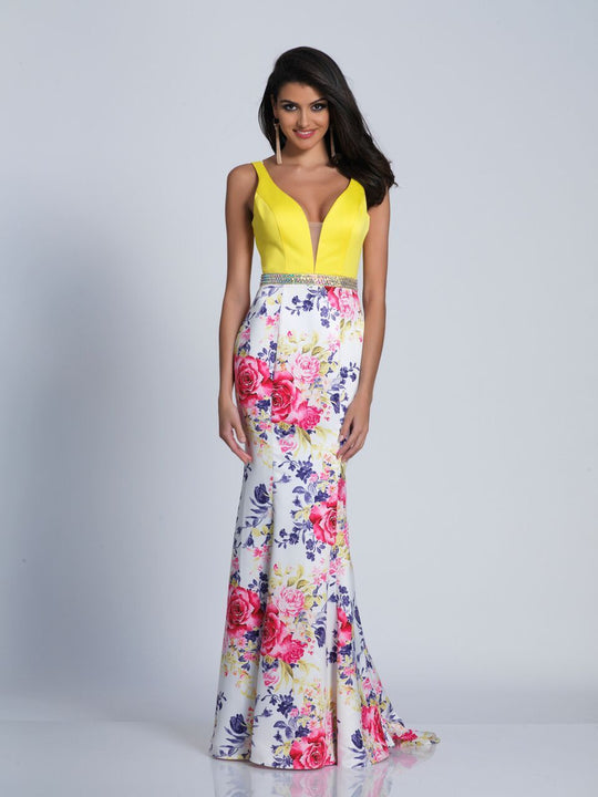 Dave & Johnny - 3523 Plunging V-Neck Beaded Floral Dress in Print