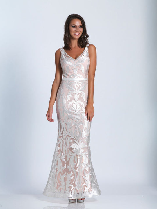 Dave & Johnny - 3527 Fitted V Neck Sheer Gown in White
