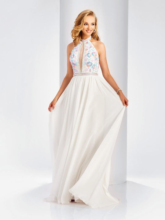 Clarisse - 3532 Halter Neck Beaded Chiffon Gown in White and Multi-Color