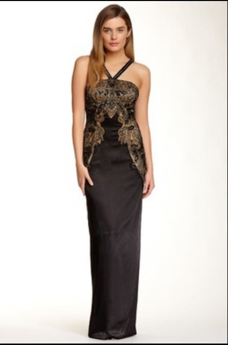 Sue Wong - N4202 Beaded Satin Halter Evening Gown in Black and Neutral