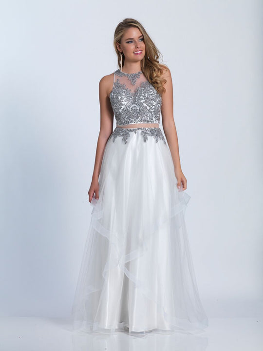 Dave & Johnny - 3537 Sheer Beaded Ruffled Gown in White