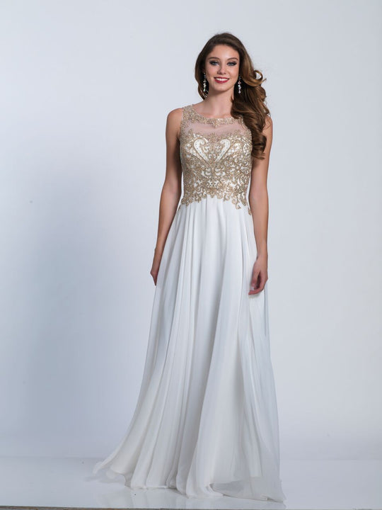 Dave & Johnny - 3541 Gold Beaded Chiffon Gown in White