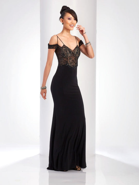 Clarisse - 3544 Sheer Off-Shoulder Fitted Gown in Black