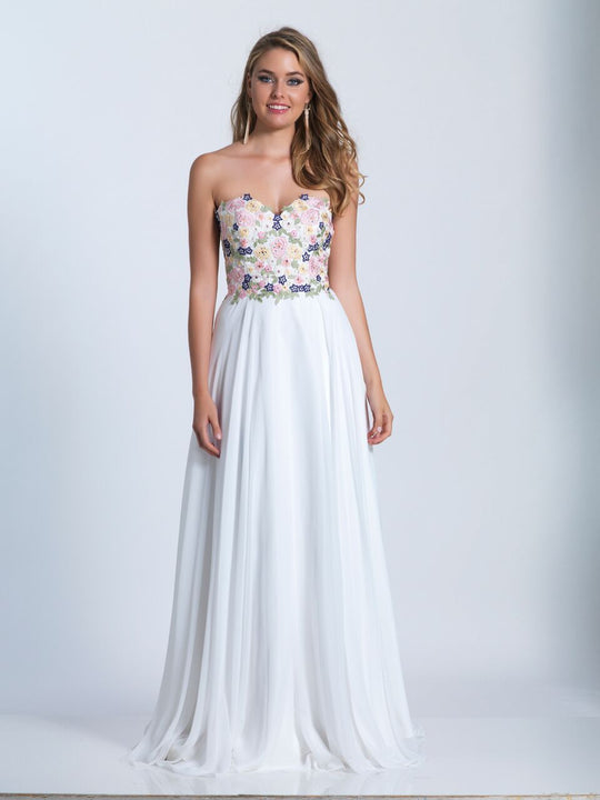 Dave & Johnny - 3562 Embroidered Floral Strapless Gown in White