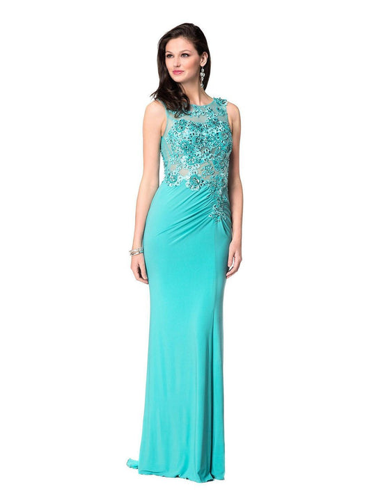 Glow by Colors - G237 Jeweled Applique Illusion Gown In Blue and Green