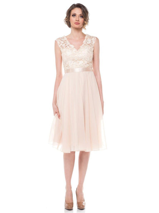 Glow by Colors - G318S Tea-Length Illusion Lace Dress In Neutral
