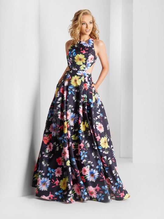 Clarisse - 3567 Jewel Neck Floral Print A-line Gown in Black and Print