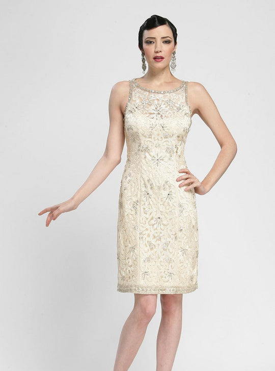 Sue Wong - N3419 Bateau Neck Embellished Cocktail Dress in Neutral