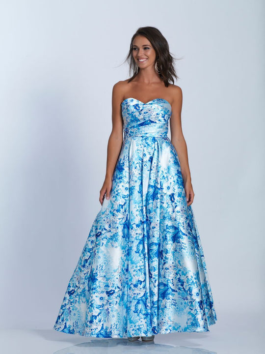 Dave & Johnny - 3573 Pleated Strapless Floral Gown in Print