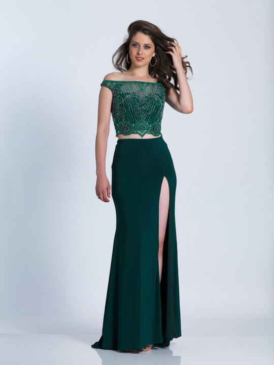 Dave & Johnny - 3575 Two Piece Off Shoulder Gown in Green