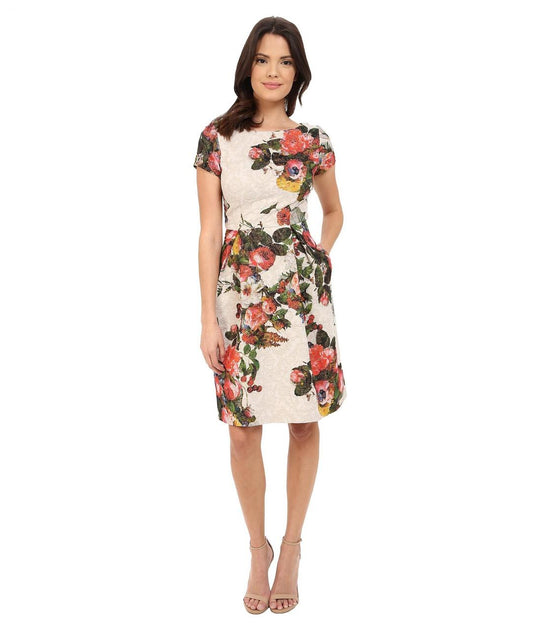 Adrianna Papell - 81917860 Floral Bateau Neck Short Sleeves Dress in Pink and Multi-Color