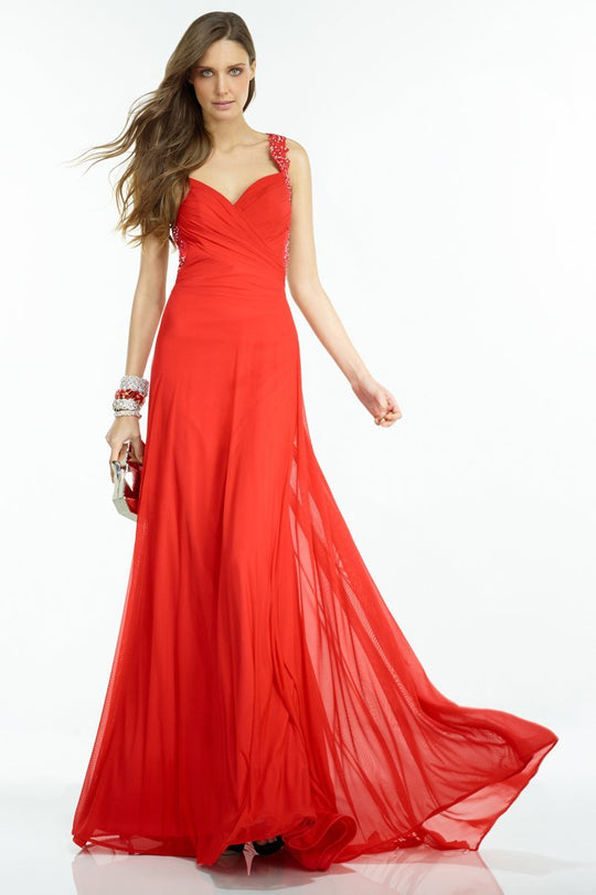 Alyce Paris B'Dazzle - 35777 Strappy Lace Ruched Evening Gown in Red