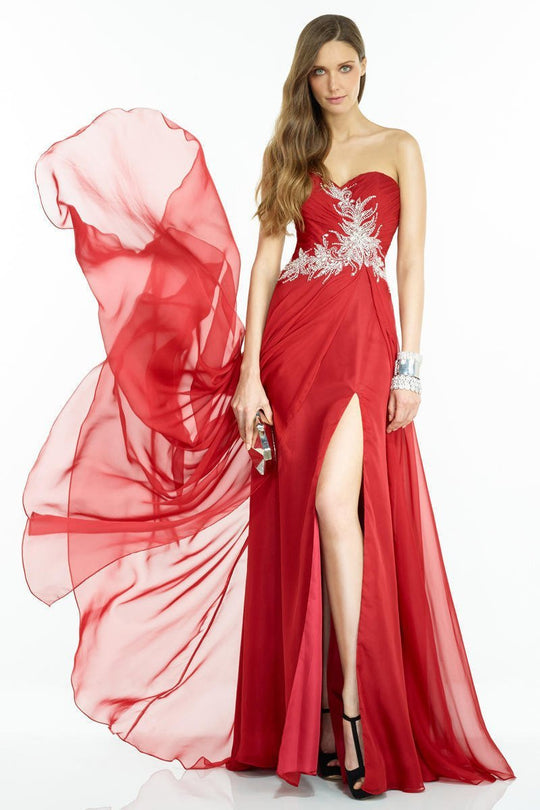 Alyce Paris - 35784 Beaded Ruched Sweetheart Chiffon A-line Dress In Red and Silver