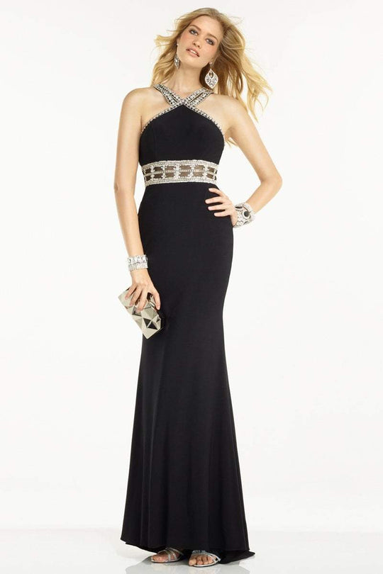 Alyce Paris - Alyce Paris B'Dazzle - Jeweled Halter Jersey Sheath Dress 35801 in Black