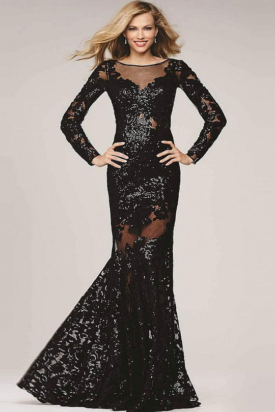 Sequined Long Sleeve Illusion Bateau Neck Trumpet Dress 32607