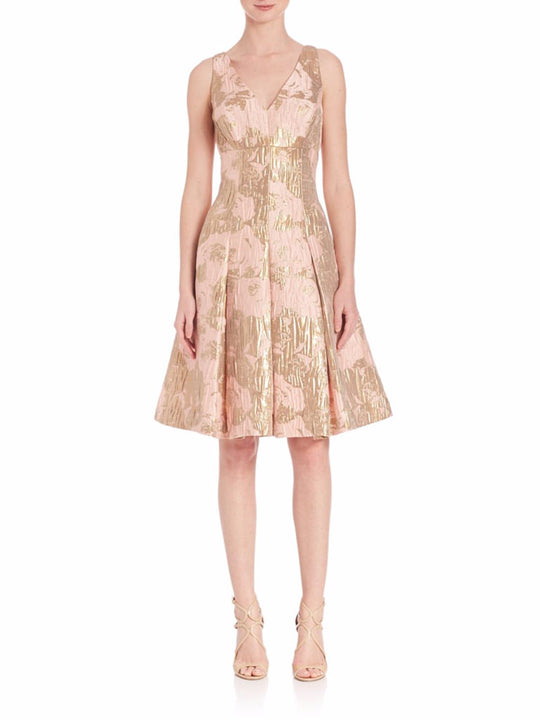 Aidan Mattox - 54471920 Floral Metallic Jacquard Dress in Pink and Gold