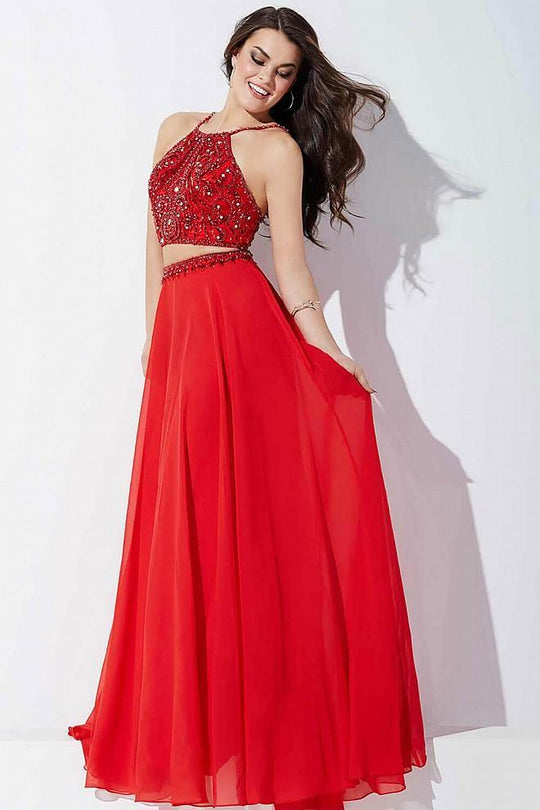 Two Piece Beaded Halter Top Chiffon Gown 33848