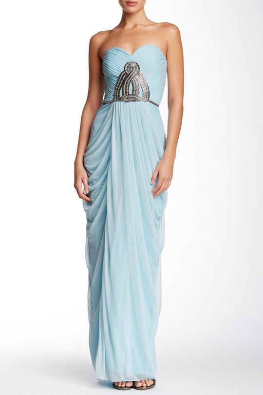 JS Collections - 863597 Strapless Knot Ornate Draped Sheath Gown in Blue