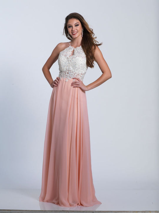 Dave & Johnny - 3612 Floral Appliqued Chiffon Gown in White and Pink