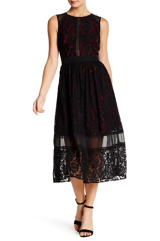 Julia Jordan - 36215 Sleeveless Sheer Lace Tea Length Dress in Black