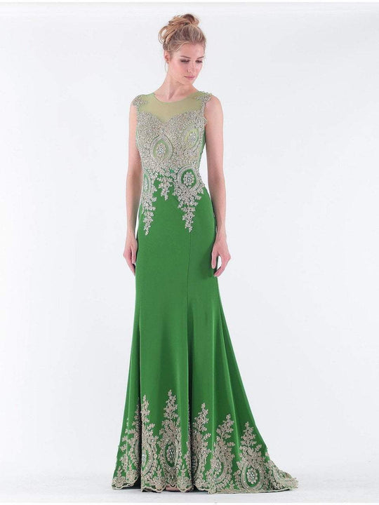 Colors Dress - 1362 Gilt Beaded Lace Illusion Gown In Green and Gold