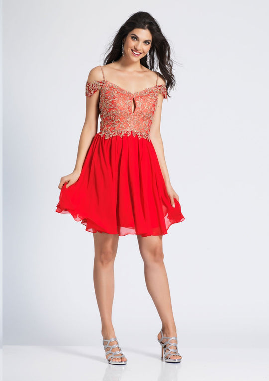 Dave & Johnny - 3633 Gilded Lace Appliqued Keyhole A-Line Dress In Red