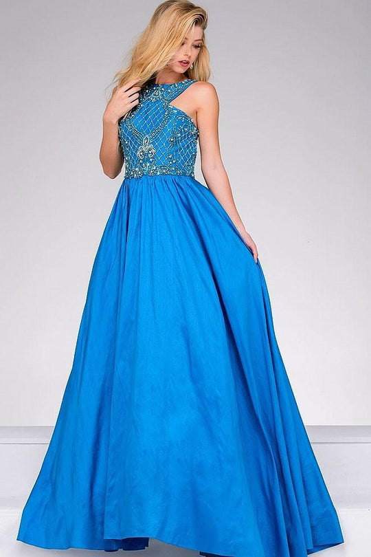 36401 Beaded Halter Taffeta A-line Dress