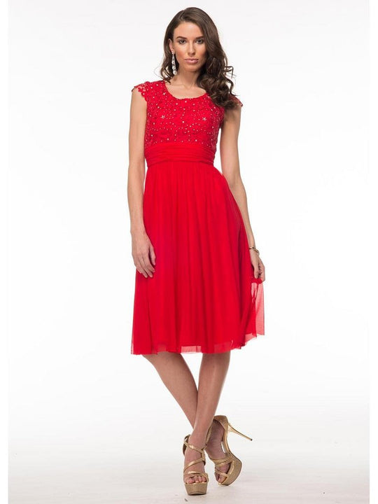 Glow by Colors - G322S Tea-Length Jeweled Lace Dress In Red