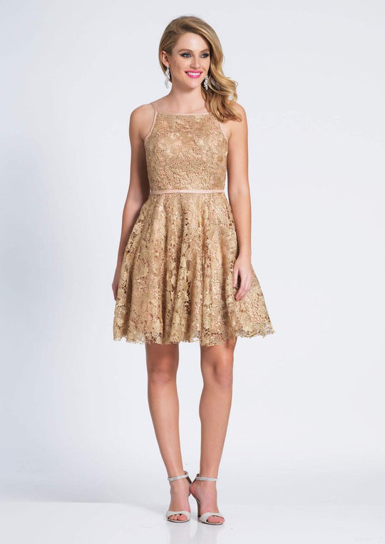 Dave & Johnny - 3649 Jeweled Lace Plunging Back A-Line Dress In Gold