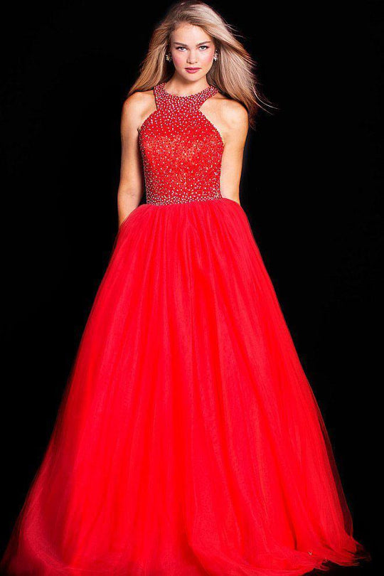 36506 Bead Embellished Halter Tulle Gown