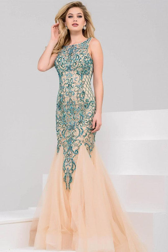 36523 Embellished Illusion Bateau Trumpet Dress