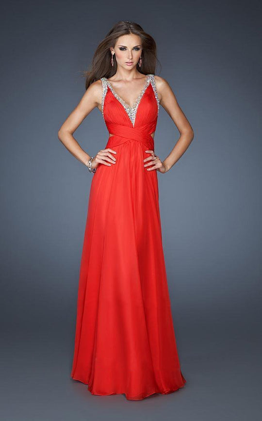 La Femme - 18510 Sleeveless V-Neckline Crystal Edge Empire Gown In Red