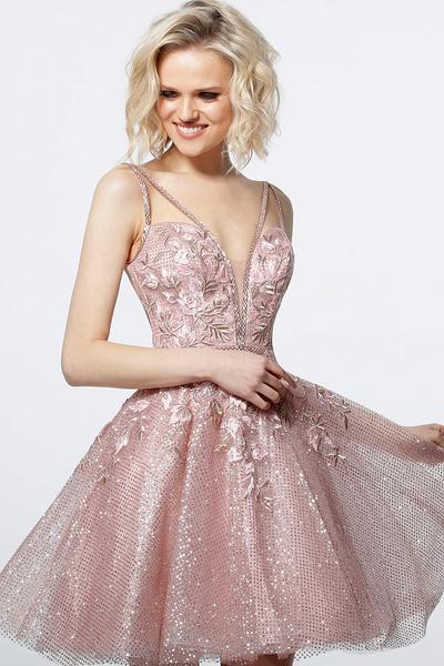Jovani - 3654 Applique Deep V-neck A-line Dress In Pink
