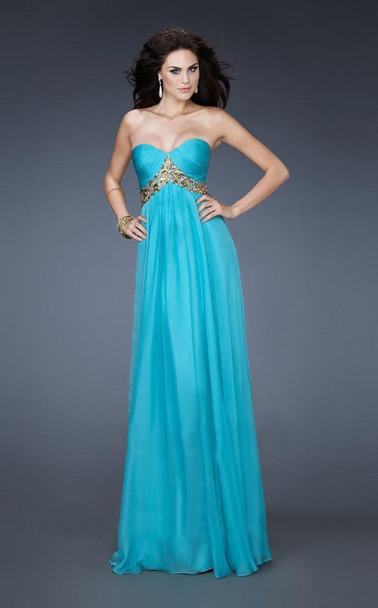 La Femme - 18612 Beaded Sweetheart Chiffon A-line Dress in Blue and Green