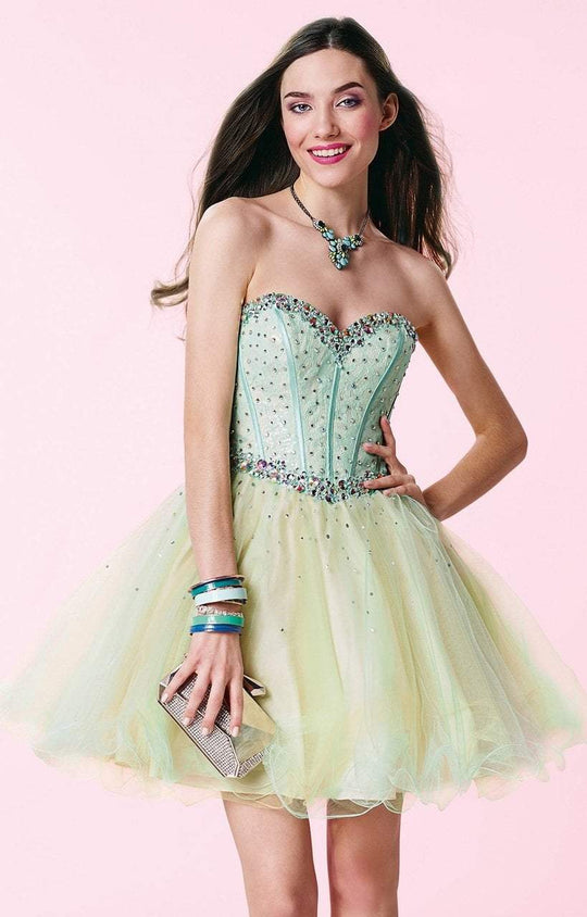 Alyce Paris - 3659 Strapless Bejeweled Corset Bodice A-Line Dress In Blue and Neutral