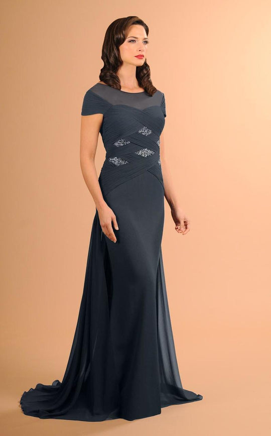 Daymor Couture - Ruched Cap Sleeve Sparkle Evening Gown 614 in Grey