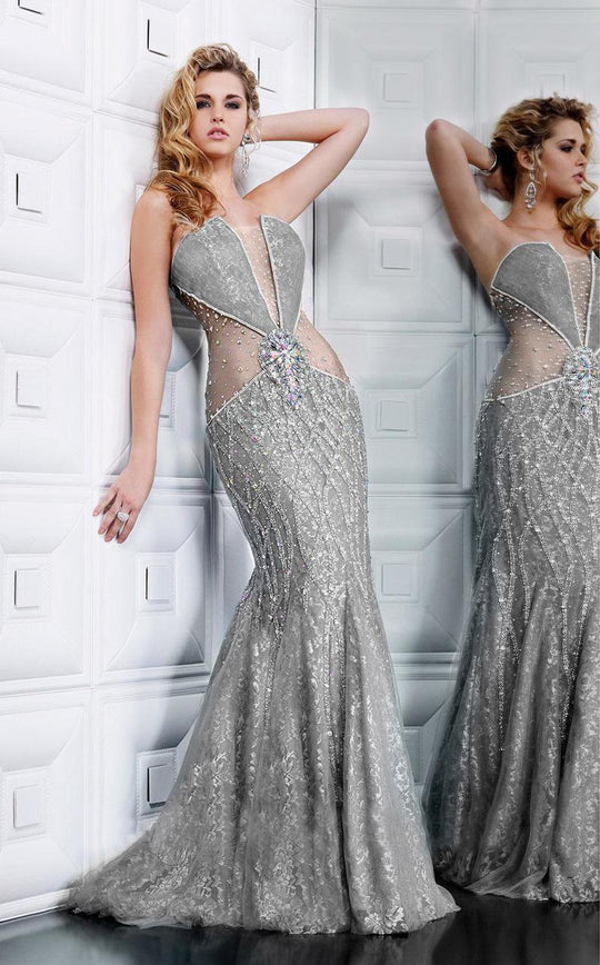 MNM Couture - 7708 Sparkling Sexy Illusion Bodice Lace Gown  in Gray